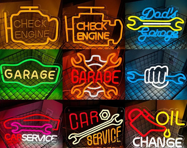 Carteles de neón LED USB con diseños de garage, check engine y oil change