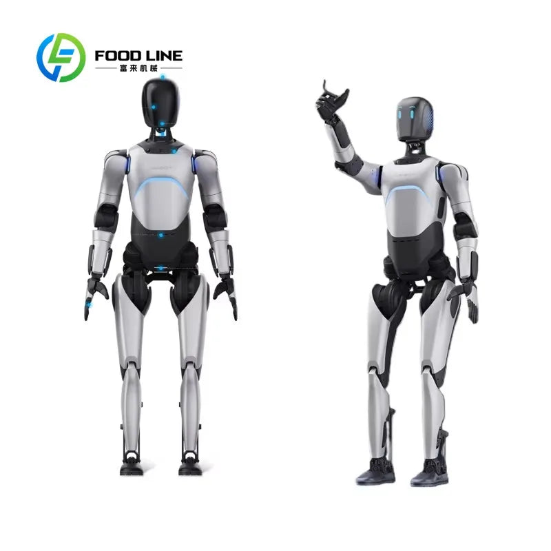 Robot humanoide blanco con detalles azules, postura de pie con brazo alzado.