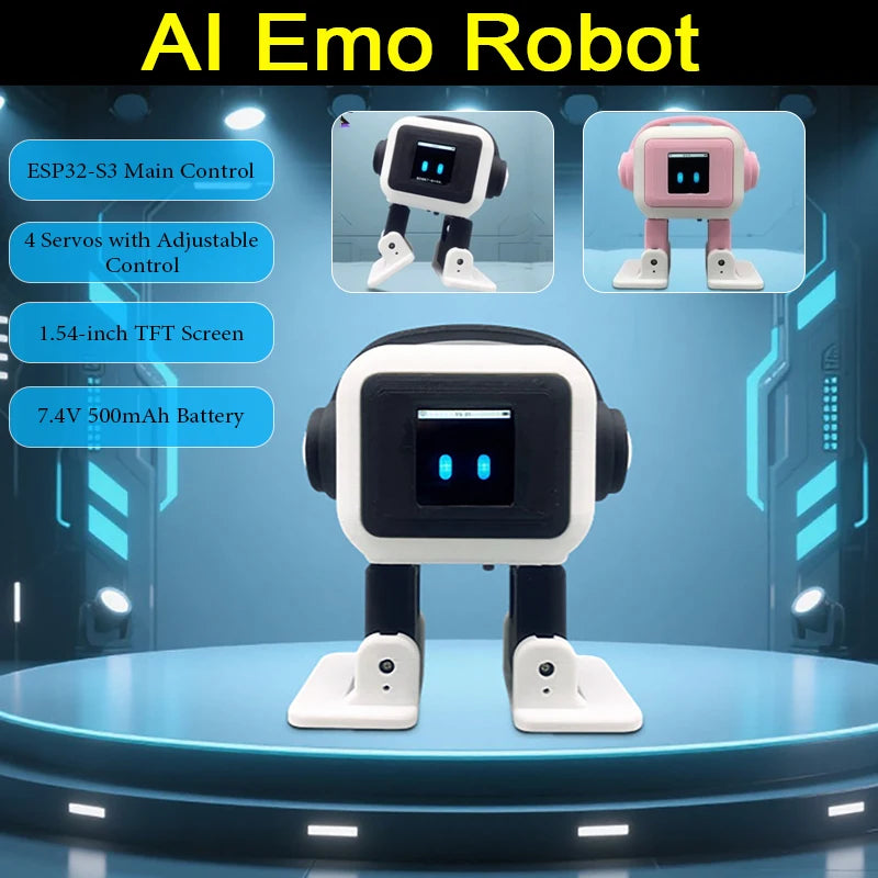 Robot mascota de juguete negro con pantalla TFT y orejeras laterales, en base