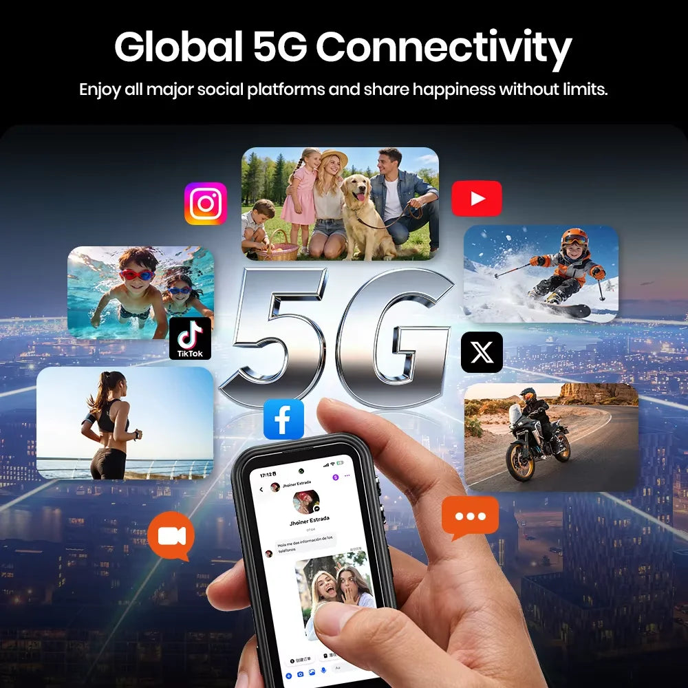 FOSSiBOT F116 Pro 5G Mini Rugged Phone Dimensity 7300, 36GB(12+24)+256GB, 4" HD Screen, 3700mAh 33W Charge, Android 16, 152.6° Wide Angle 50MP+48MP OIS+32MP, IP68, LED Light, One-Click Video, Fashion Business Outdoor Cell Ph