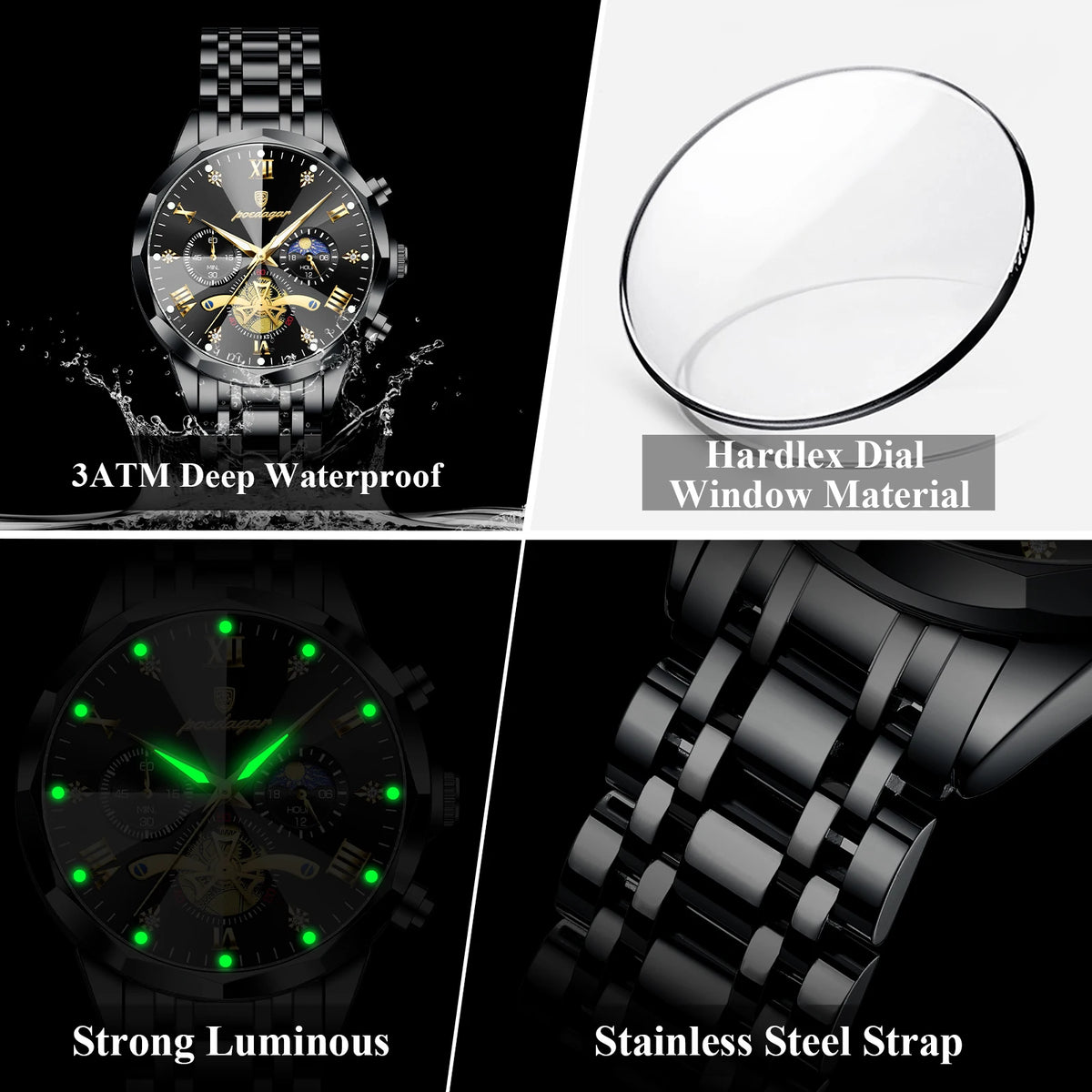 Reloj de pulsera para hombre POEDAGAR, cronógrafo de cuarzo, resistente al agua, luminoso, de acero inoxidable, estilo casual