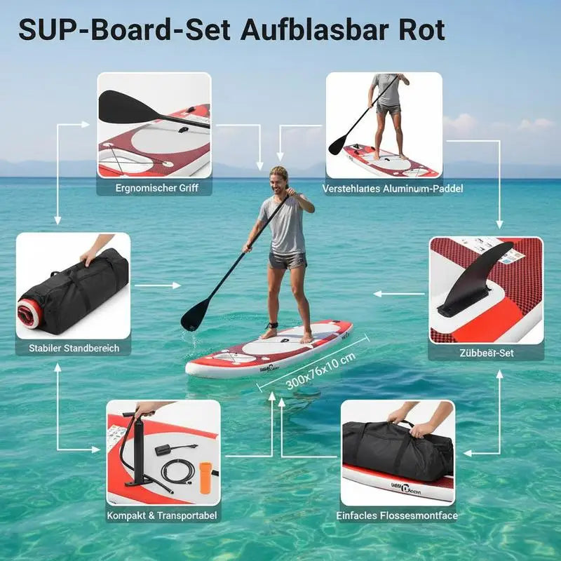 Set de Tabla SUP Inflable Color Rojo 300 x 76 x 10 cm, Modelo Compacto y Ligero de Gran Maniobrabilidad, Equipo de Paddle Surf Ideal para Principiantes y Paseos Recreativos en Aguas Tranquilas