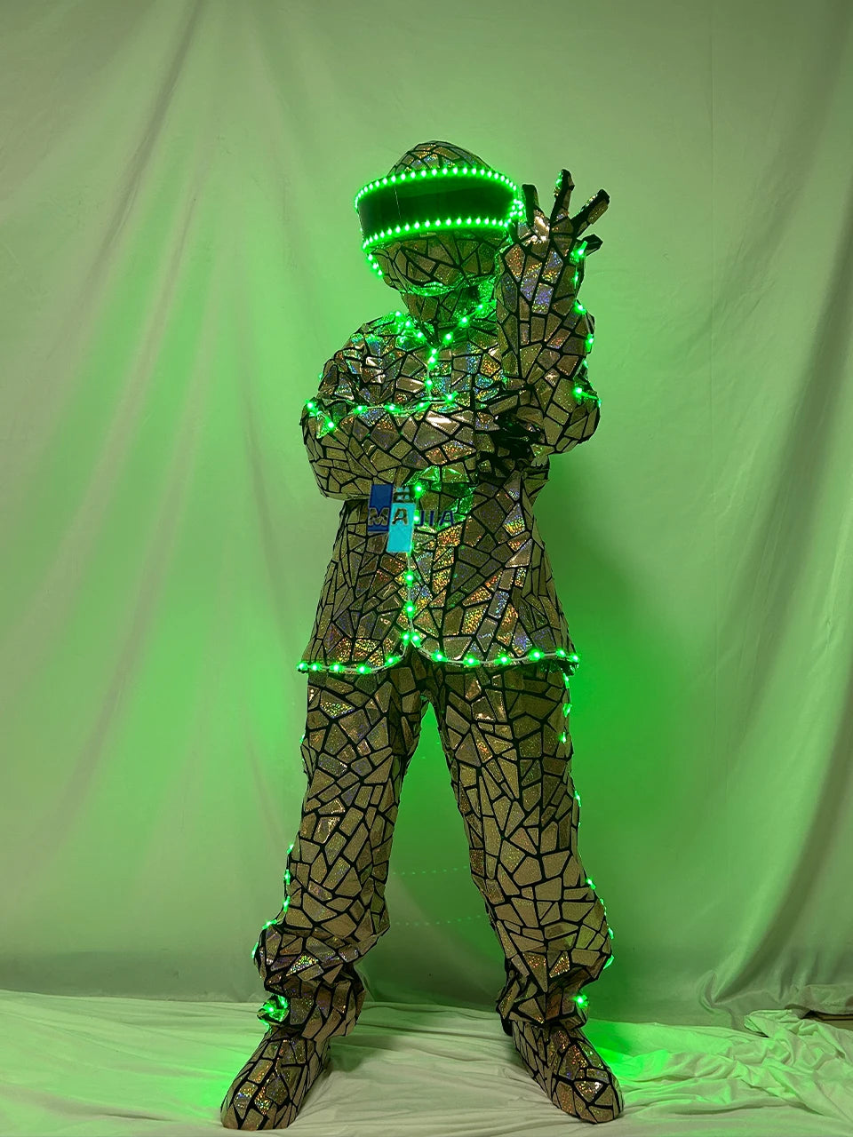 Traje de robot con iluminación LED, revestimiento de espejo, diseño geométrico, para espectáculos de DJ, bares y escenarios.
