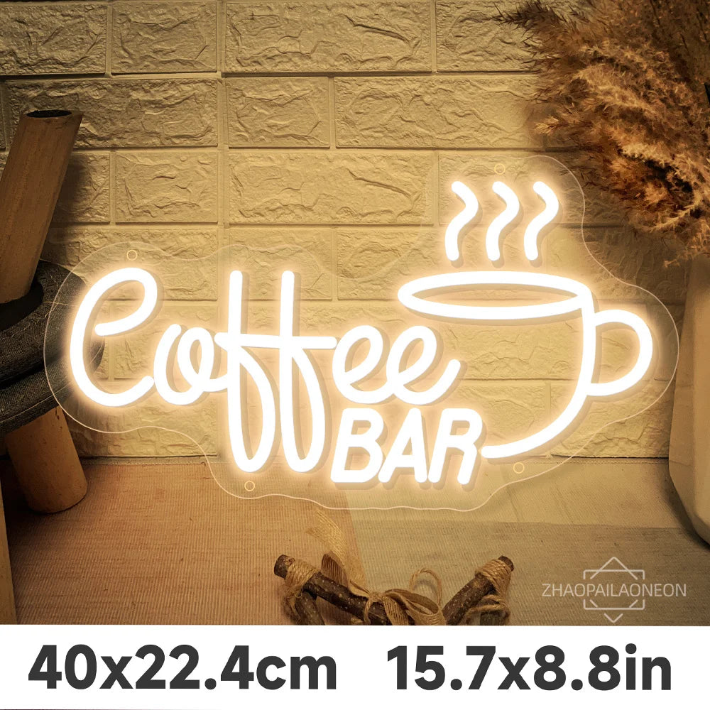 Letrero neón LED con texto «Coffee» y «BAR» en blanco cálido
