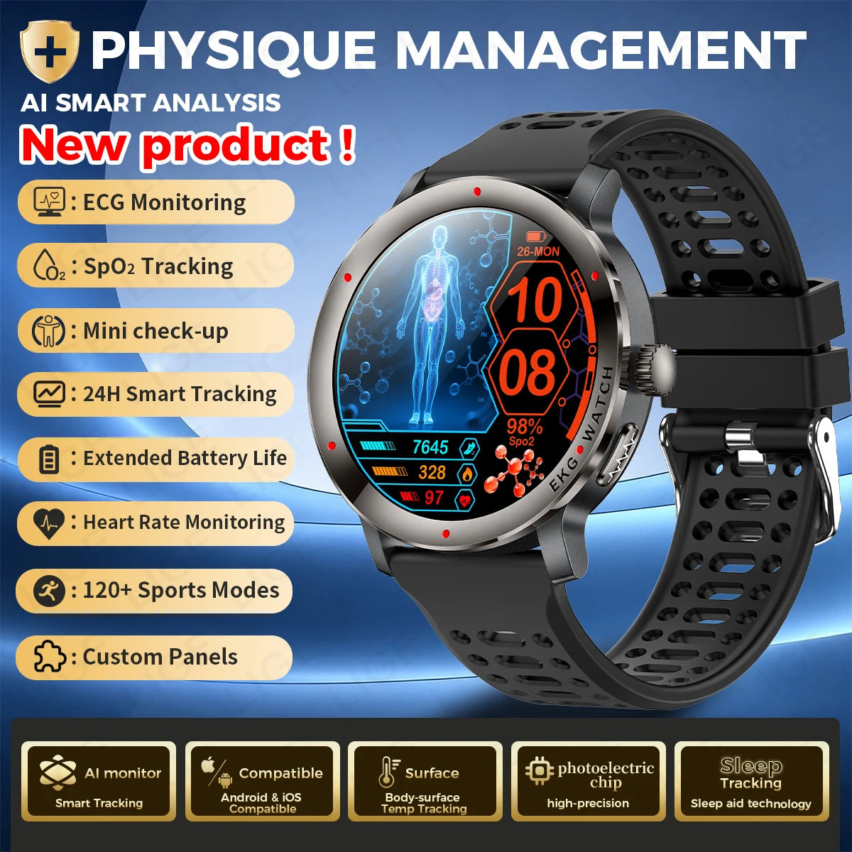 Reloj inteligente LIGE 2026 con diagnóstico por IA, ECG+PPG, ácido úrico preciso, oxígeno en sangre, grasa corporal, deportes, fitness, resistente al agua, reloj inteligente de salud