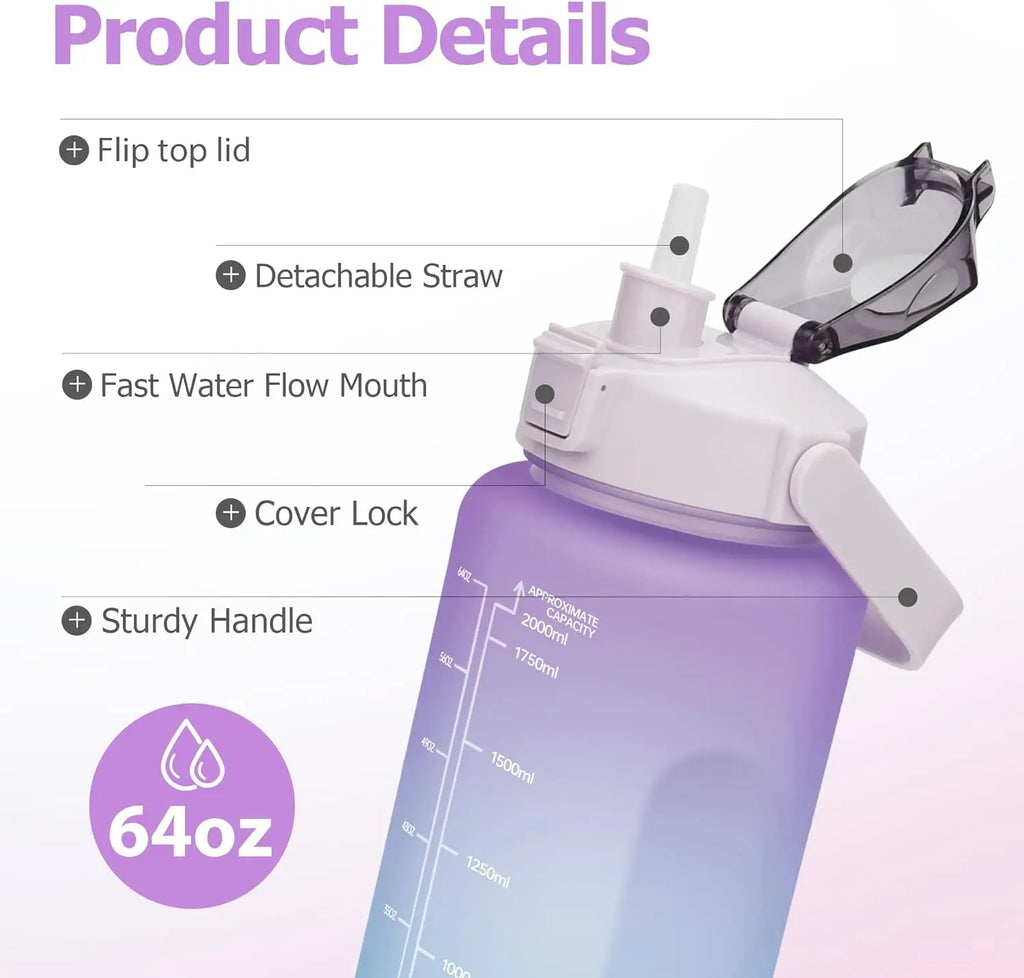 Botella de agua de 2L con pajita, botella de agua deportiva de gran capacidad, botellas para beber portátiles deportivas para viajes y Fitness con marcador de tiempo