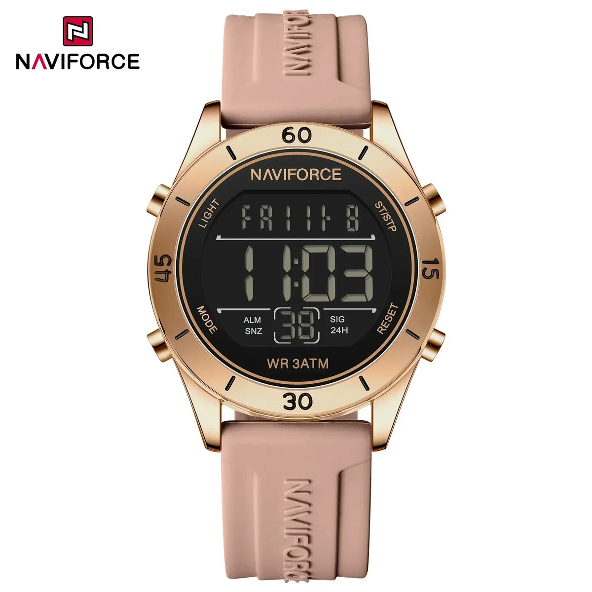 Reloj digital electrónico de moda para mujer NAVIFORCE con cronógrafo LED, luminoso, resistente al agua 5ATM y correa de silicona deportiva