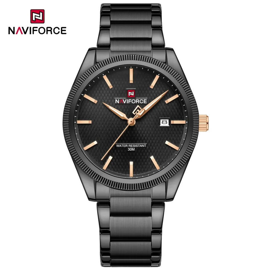 Reloj de cuarzo casual para hombre NAVIFORCE con movimiento luminoso, correa de acero inoxidable, pantalla de manecillas y resistencia al agua de 3ATM