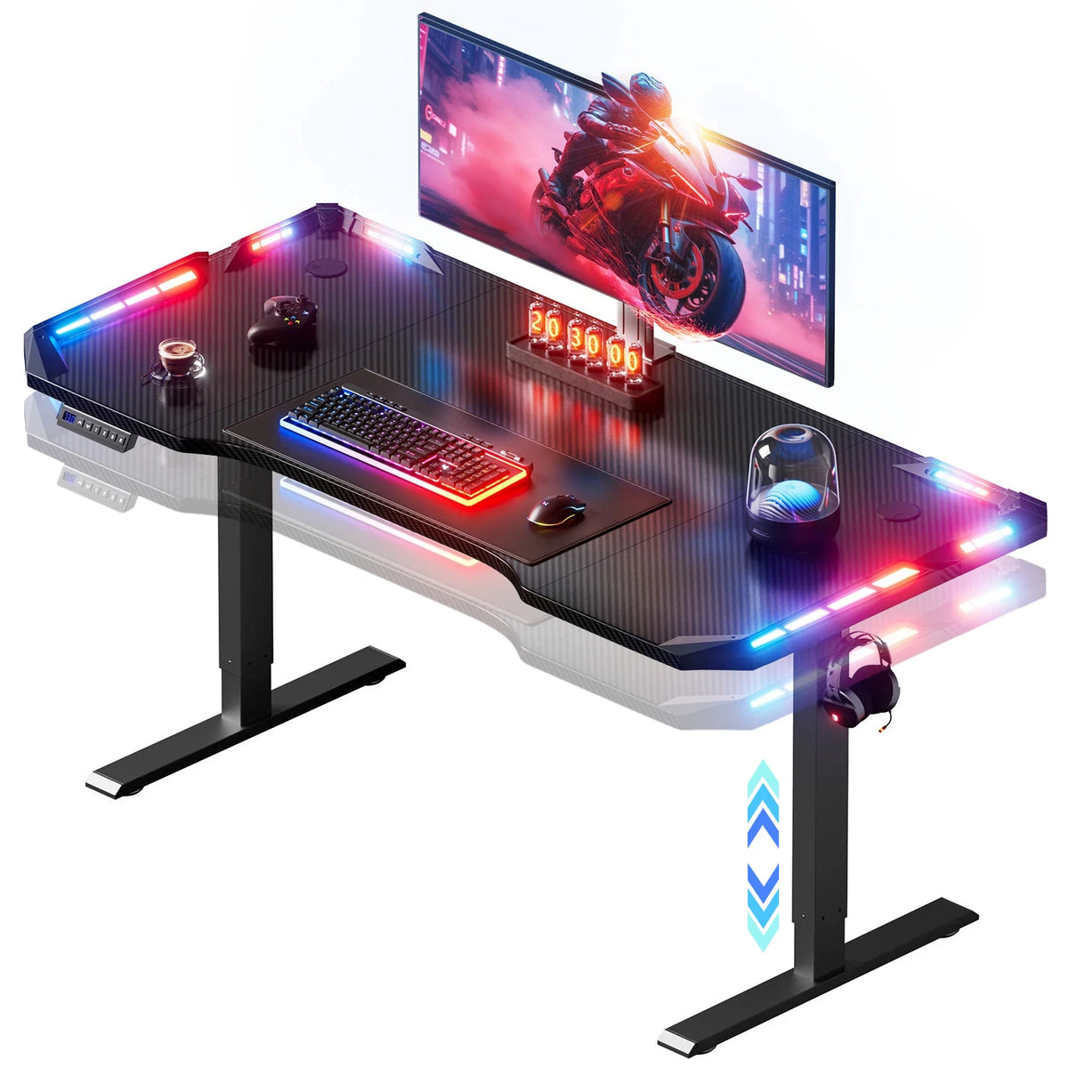 Mesa de gaming ajustable eléctrica con tablero de fibra de carbono y luces LED RGB.