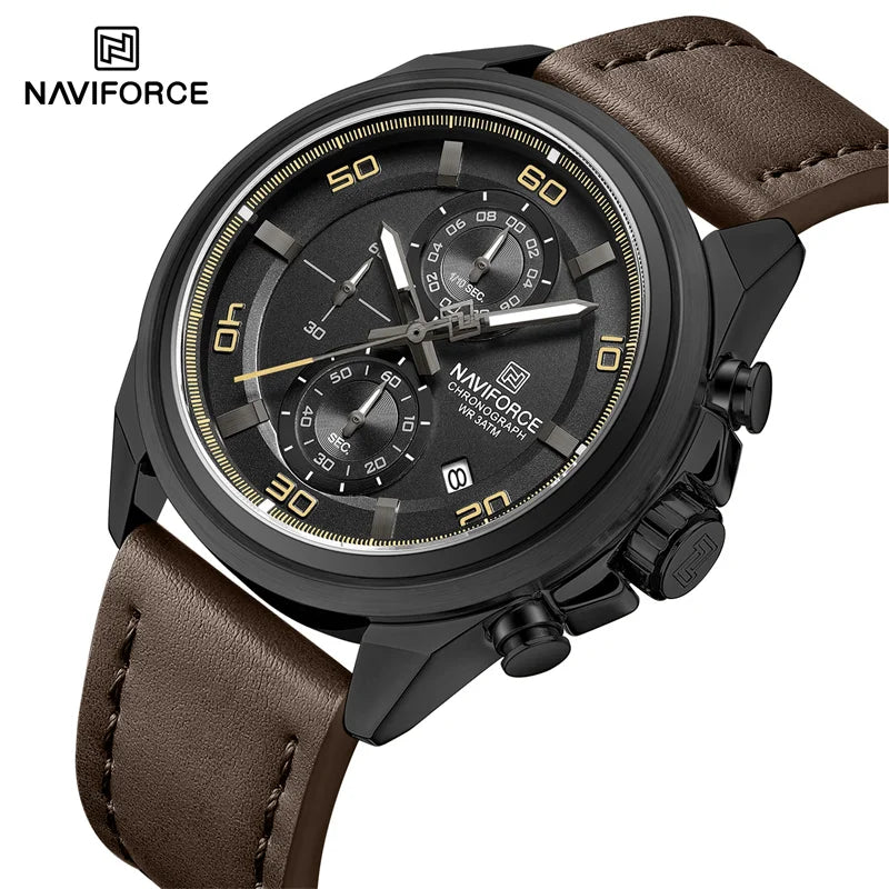 Reloj cronógrafo deportivo de lujo NAVIFORCE para hombre, resistente al agua 3ATM, militar, con manecillas luminosas, indicador de fecha y correa de cuero