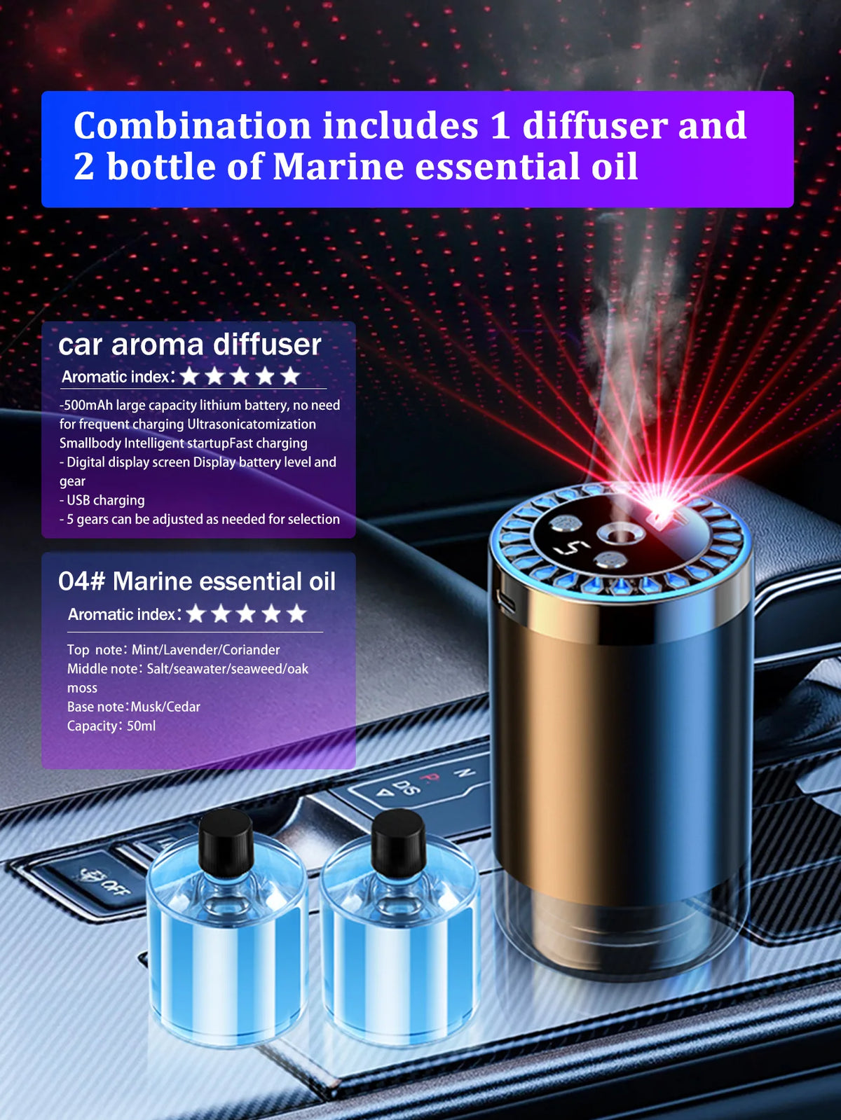 Difusor de aroma de coche recargable, aceite esencial aromático, luces coloridas, luces románticas de cielo estrellado, regalo de dormitorio