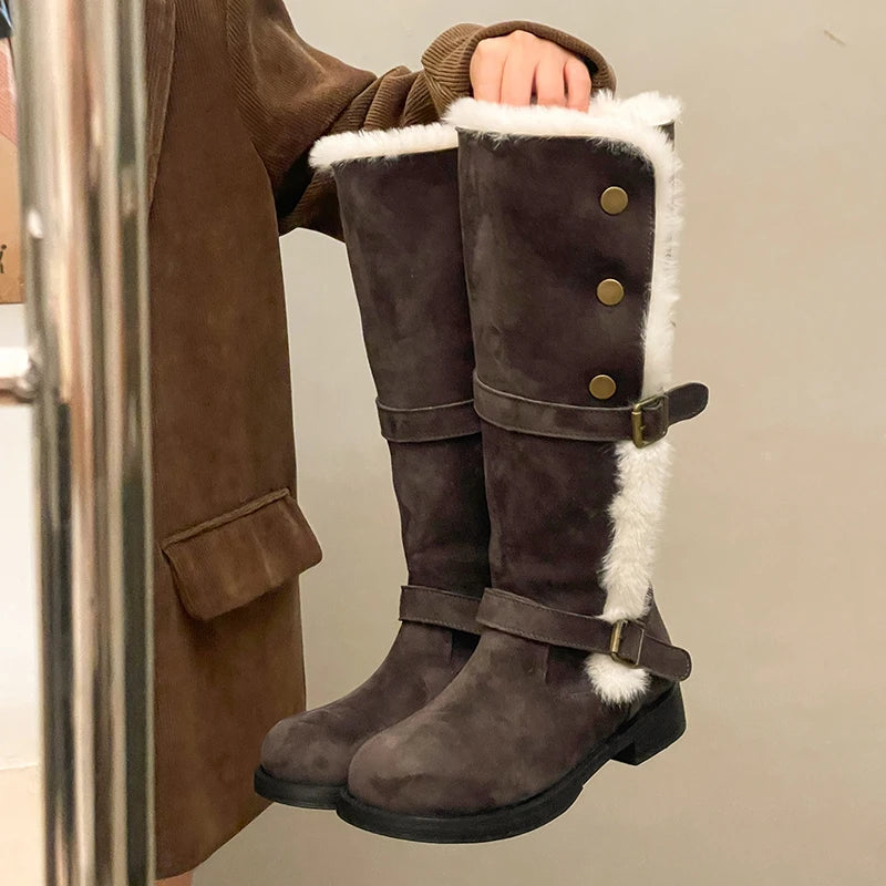 Botas de nieve de caña media, cálidas y con forro grueso, de punta redonda, suaves y antideslizantes, con plantilla de algodón.