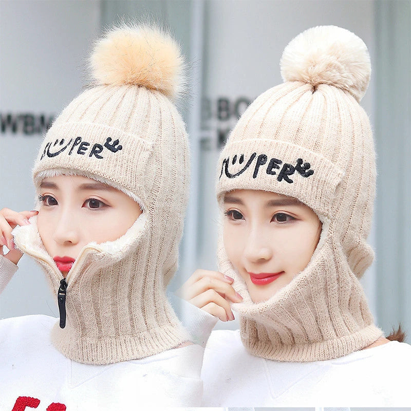 Gorro de invierno de punto para mujer con cremallera, gorro de lana con forro polar y protección contra el viento, ideal para conducir una motocicleta, gorro cálido de estilo coreano.