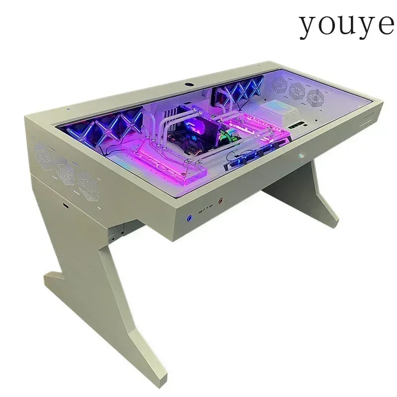 Escritorio para PC blanco con panel de vidrio y luces RGB moradas y azules