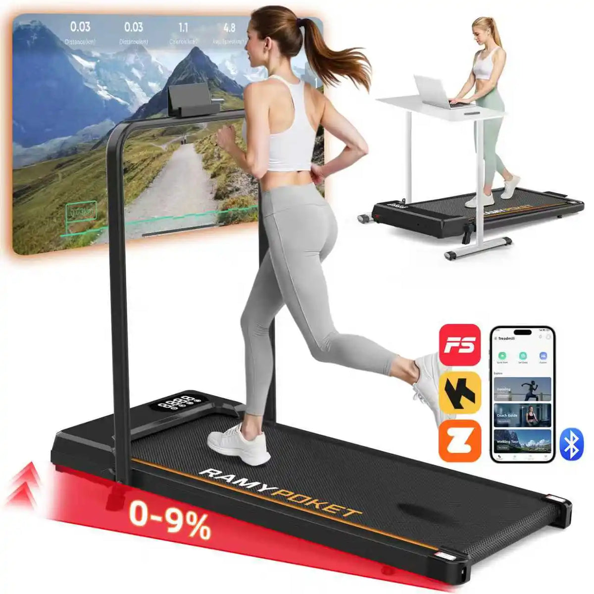 Caminadora plegable Ramypoket con inclinación del 15 %, velocidad máxima de 12 km/h, control mediante aplicación y pantalla LED, caminadora para oficina con capacidad máxima de carga de 150 kg.