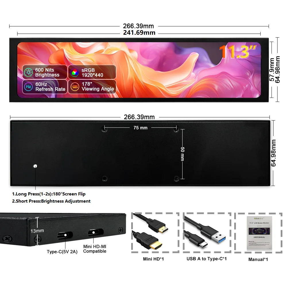 Monitor portátil de 11,3 pulgadas, pantalla IPS estirada de 440 × 1920 para temperatura de CPU y GPU, no compatible con gráficos integrados AMD
