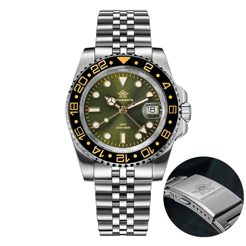 ADDIESDIVE AD2050 Reloj GMT para hombre, cuarzo suizo Ronda 515-24, luminiscencia BGW9, resistente al agua 200m, acero inoxidable 316L