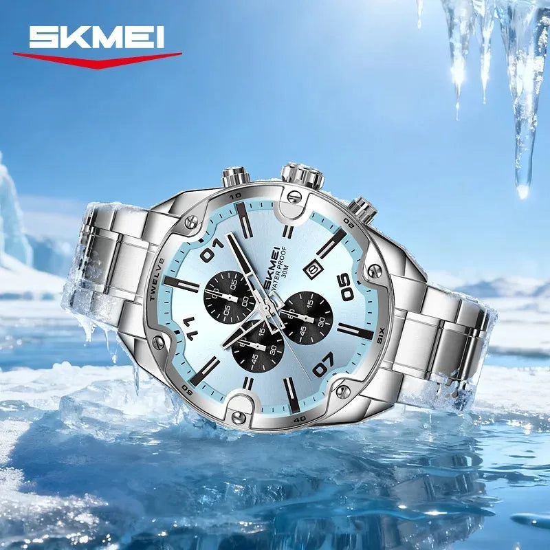 Reloj de lujo para hombre SKMEI 9387, reloj de pulsera de negocios, reloj de cuarzo casual a la moda, cronógrafo de acero inoxidable resistente al agua con fecha