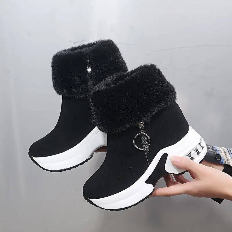 Zapatillas de deporte cálidas para mujer, botas cortas informales con forro de empuje y cremallera lateral, botas de nieve hasta el tobillo para mujer, botas de cuña con plataforma