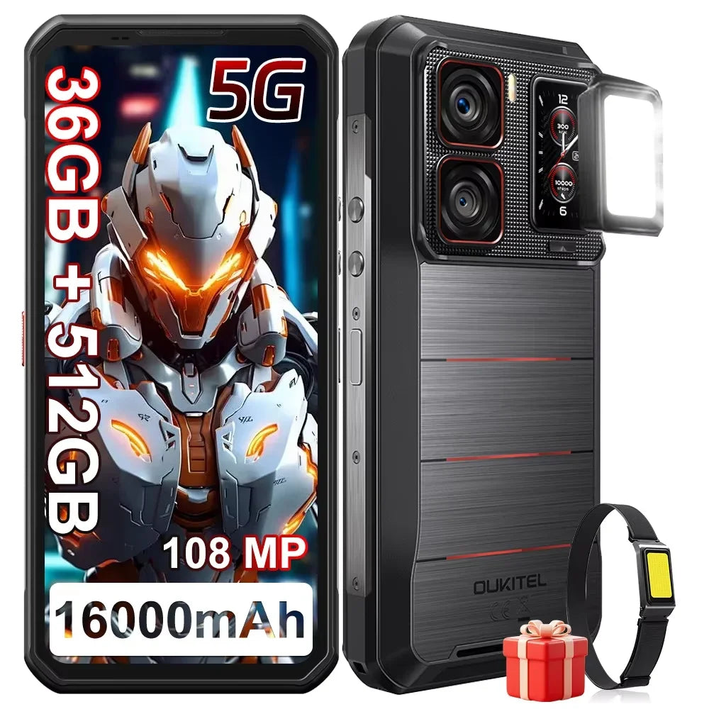Smartphone OUKITEL WP300 36(12 + 24)GB 512GB Android 15 6,8" FHD+ 120Hz 5G 108MP 16000mAh 45W, luz de camping, teléfonos, relojes inteligentes