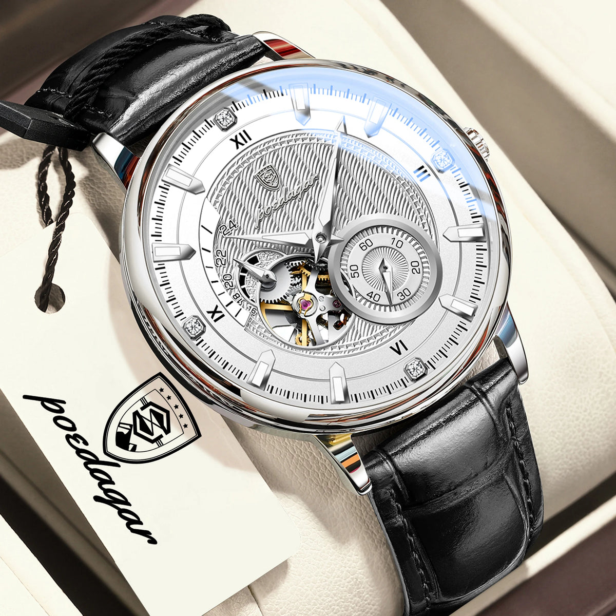 Reloj POEDAGAR de moda para hombre, luminoso, resistente al agua, con tourbillon hueco, correa de piel, reloj mecánico automático deportivo para caballero