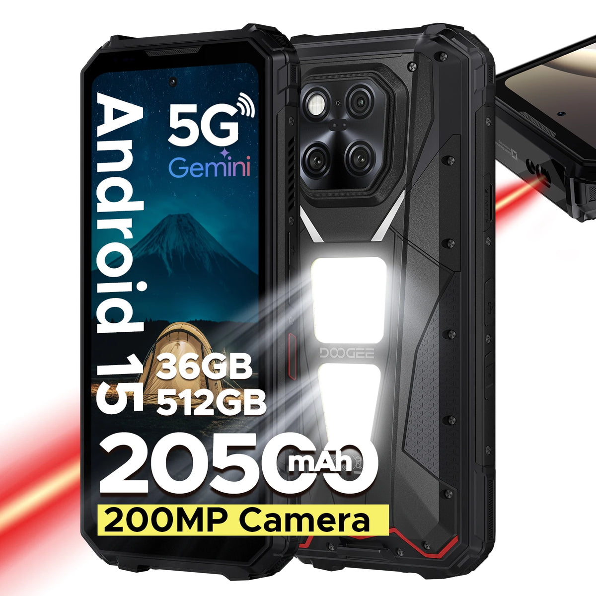 DOOGEE V Max Teléfono robusto 5G con telémetro láser, 36GB+512GB, pantalla de 6.78'', batería de 20500mAh, luces duales para acampar, teléfonos inteligentes