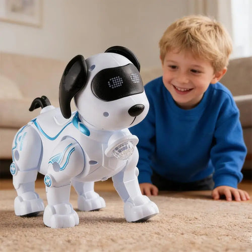 Perro robot con orejas negras y cuerpo blanco, detalles azules y luz frontal.