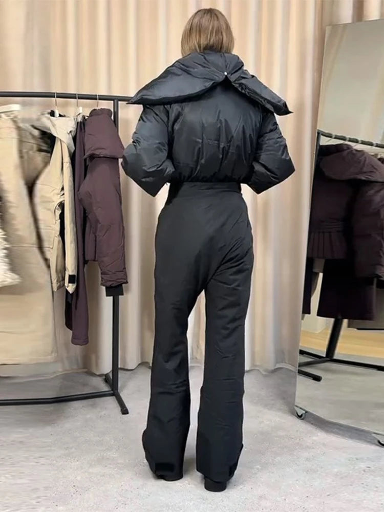 Mono de esquí con capucha para mujer, cuello alto, cierre de cremallera, manga larga, cintura alta, de algodón, cálido para invierno 2026.