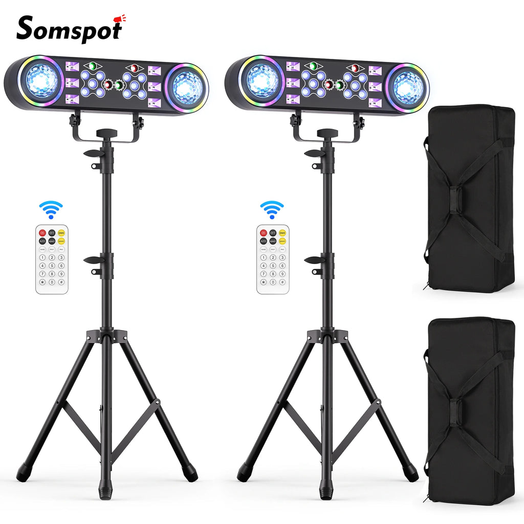 Kit de 2 soportes para luces de efectos 7 en 1, luces LED RGBW con bolsa, bola mágica, luz de efecto de haz, control remoto, luces de DJ para fiestas y discotecas