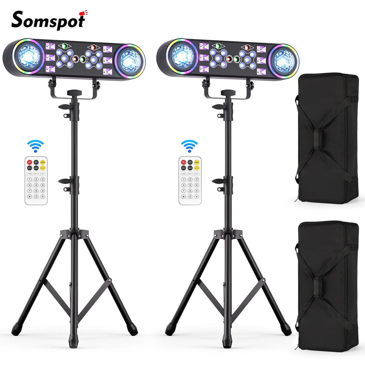 Kit de 2 soportes para luces de efectos 7 en 1, luces LED RGBW con bolsa, bola mágica, luz de efecto de haz, control remoto, luces de DJ para fiestas y discotecas