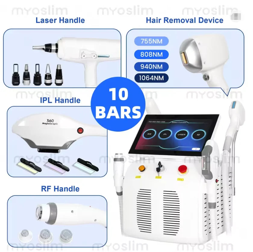 Dispositivo de depilación láser con diodo, 4 en 1, modelo más reciente, con 4 longitudes de onda, tecnología Pico 808, exfoliación con carbón, radiofrecuencia, IPL, Nd Yag y tecnología de picosegundos, para la eliminac