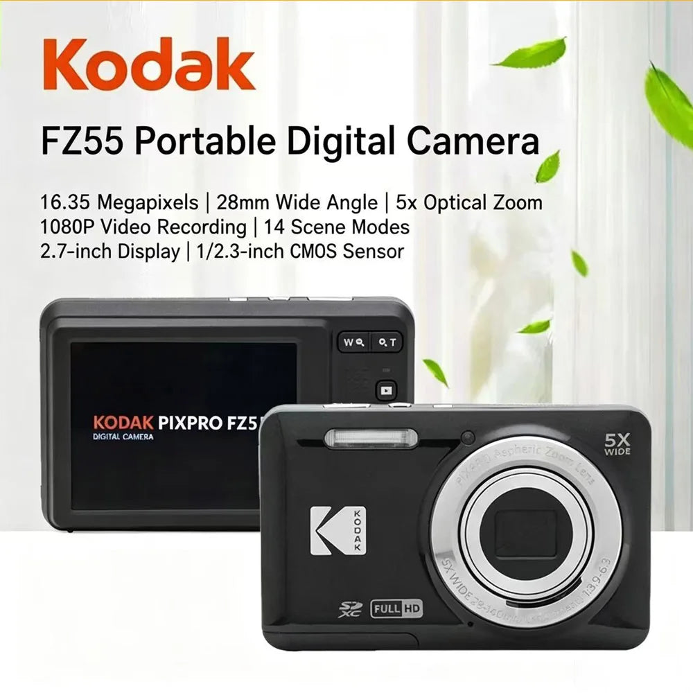 Cámara digital KODAK PIXPRO FZ55 genuina de 1080P Full HD y 16MP con pantalla LCD de 2.7 pulgadas, cámara para vlogging con zoom óptico 5X y gran angular de 28 mm para video