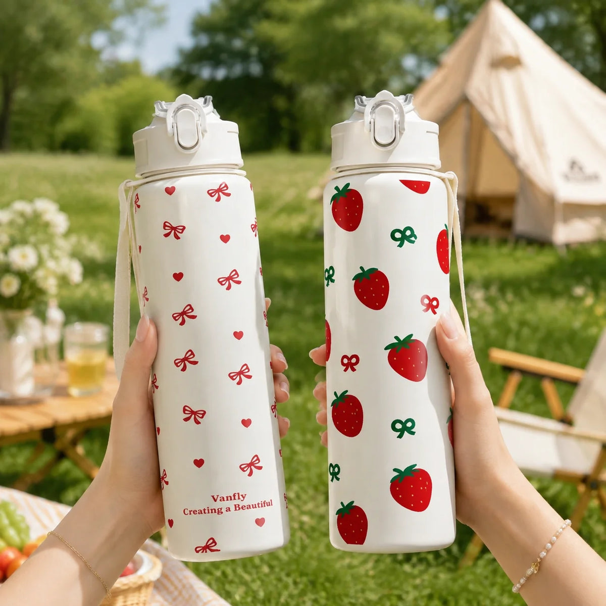 Vaso de 750 ml con diseño de fresa, cereza y lazo, base blanca pura, taza con pajita de alta calidad para deportes