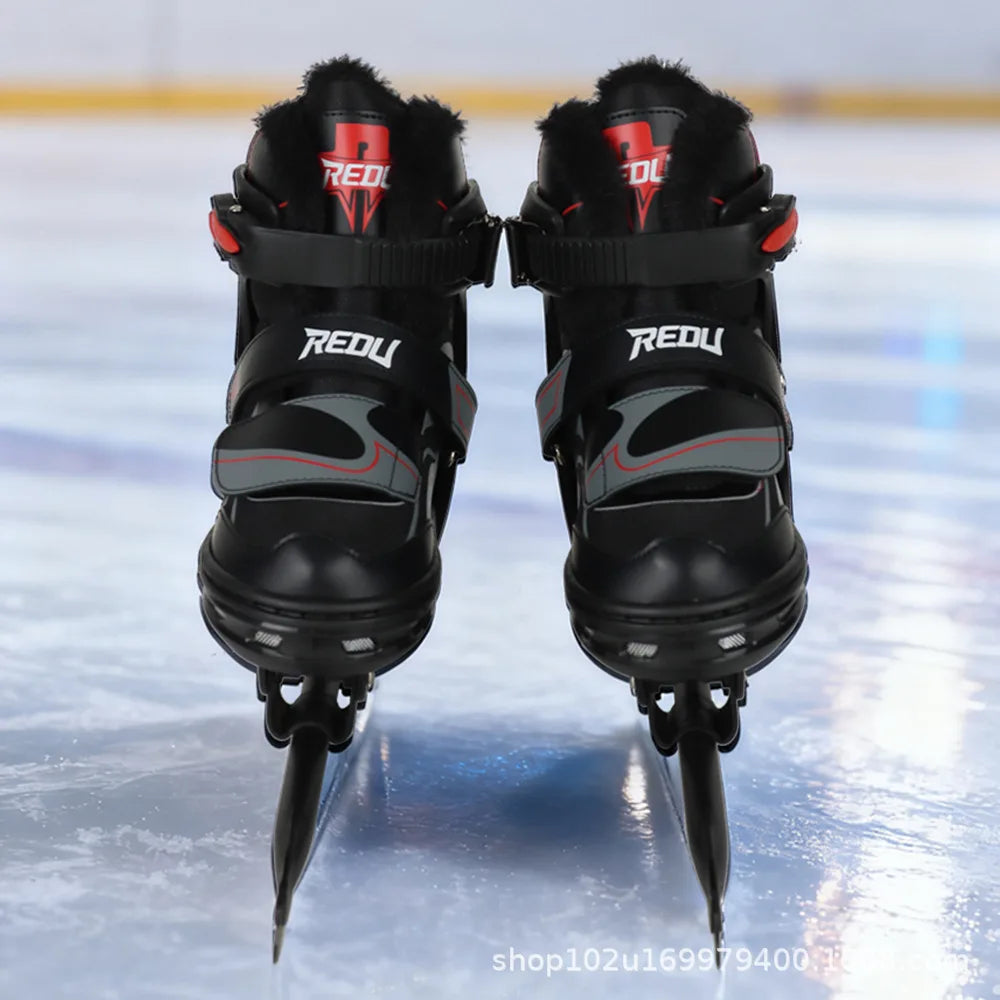 Patines de Hielo Ajustables para Niños, Forrados de Forro Polar, Cuchillas de Acero al Carbono Reforzadas, Botas de Patinaje sobre Hielo para Niños Principiantes