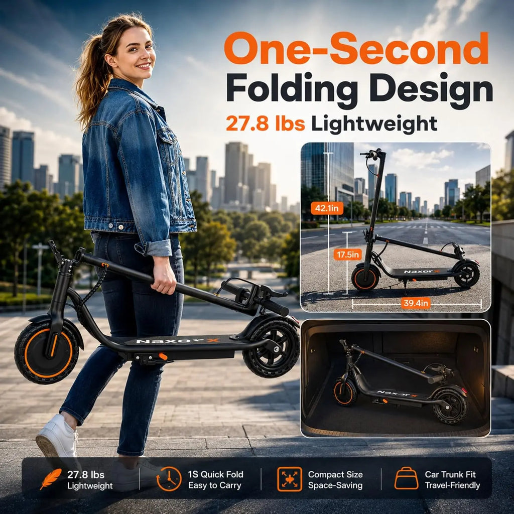 Patinete eléctrico Naxxor+ plegable con ruedas macizas naranjas y diseño compacto