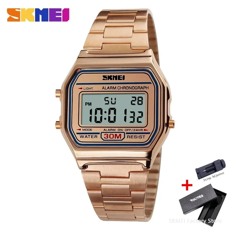 SKMEI 1123 Reloj deportivo digital retro de lujo para hombre, reloj de pulsera de acero inoxidable resistente al agua, reloj de acero 1328 Reloj Hombre
