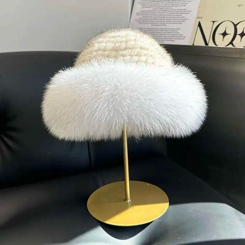 Gorro de piel de visón auténtica para mujer, gorro de pescador a la moda de invierno, gorro de piel de visón Natural con gorros de piel de zorro, gorro de bombardero de punto ruso