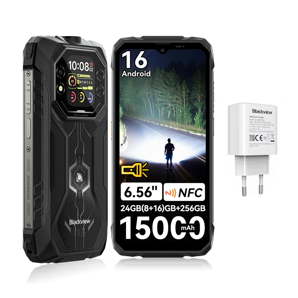 Smartphone resistente Blackview ROCK 1, Android 16, 24GB (8+16GB de expansión) de RAM 256GB ROM, pantalla IPS HD+ de 6.56", batería grande de 15000mAh, cámara subacuática, IP68 IP69K, Helio G81, Wi-Fi 5 BT 5.0, NFC