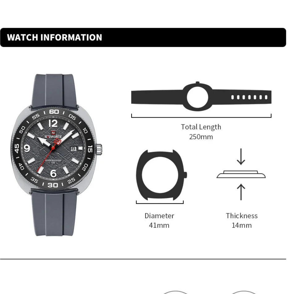 Nuevo reloj de moda para hombre NAVIFORCE con movimiento de cuarzo, pantalla con manecillas luminosas, resistencia al agua de 50 m y correa de silicona