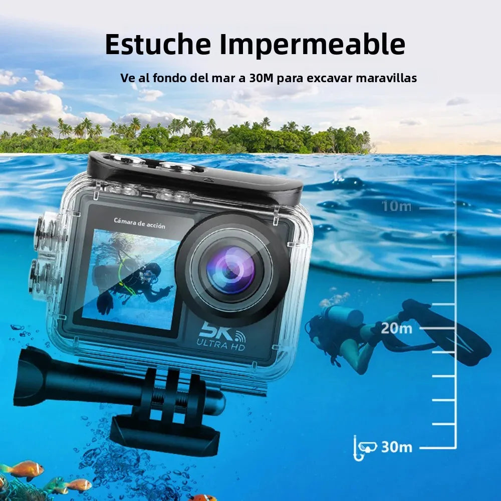 Cámara de Acción 5K 4K Resistente al Agua, Cámara de Buceo Subacuática 30M, Pantalla Dual Táctil de 2.0+1.3 Pulgadas, Kit Antivibración EIS para Casco de Motocicleta/Bicicleta