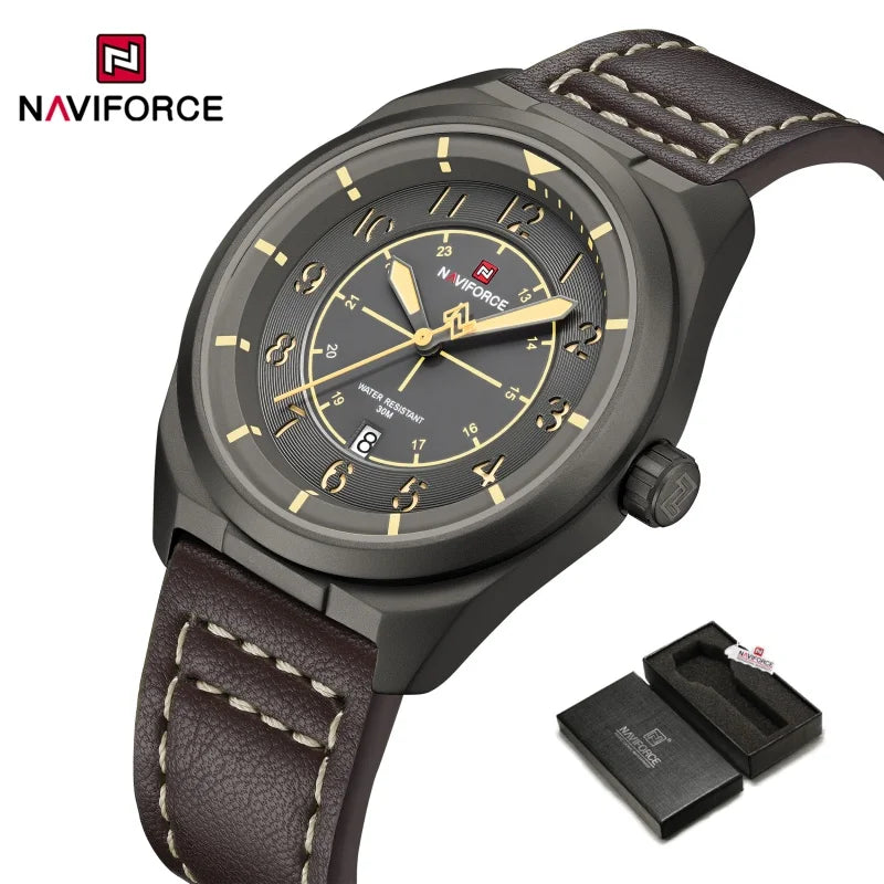Reloj de pulsera NAVIFORCE para hombre, de cuarzo, elegante, con fecha automática, resistente al agua, de cuero genuino, para negocios, diseño único.