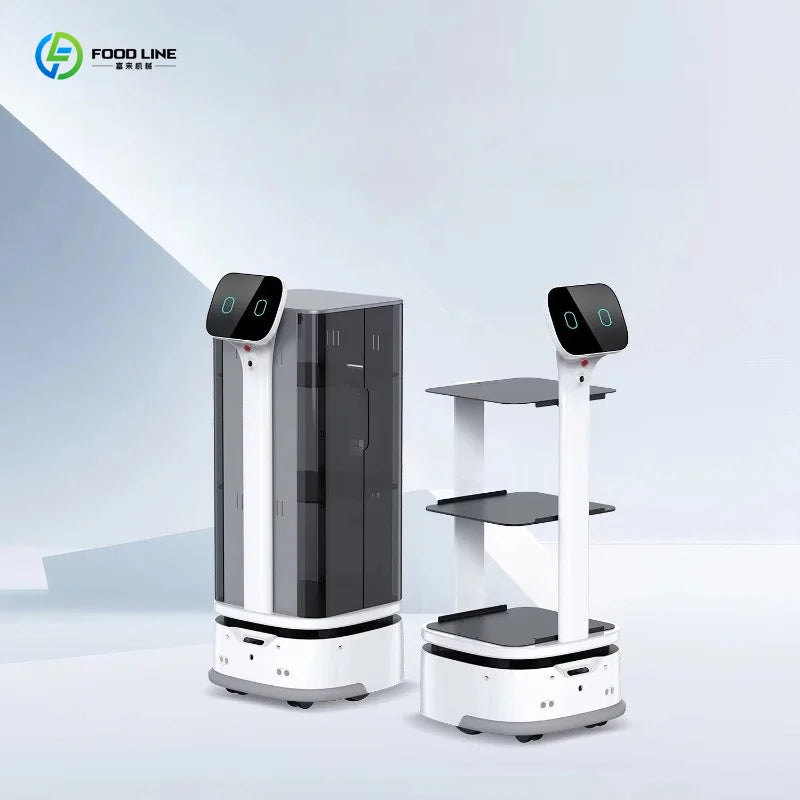 Robot repartidor autónomo blanco y negro con torre de bandejas y base