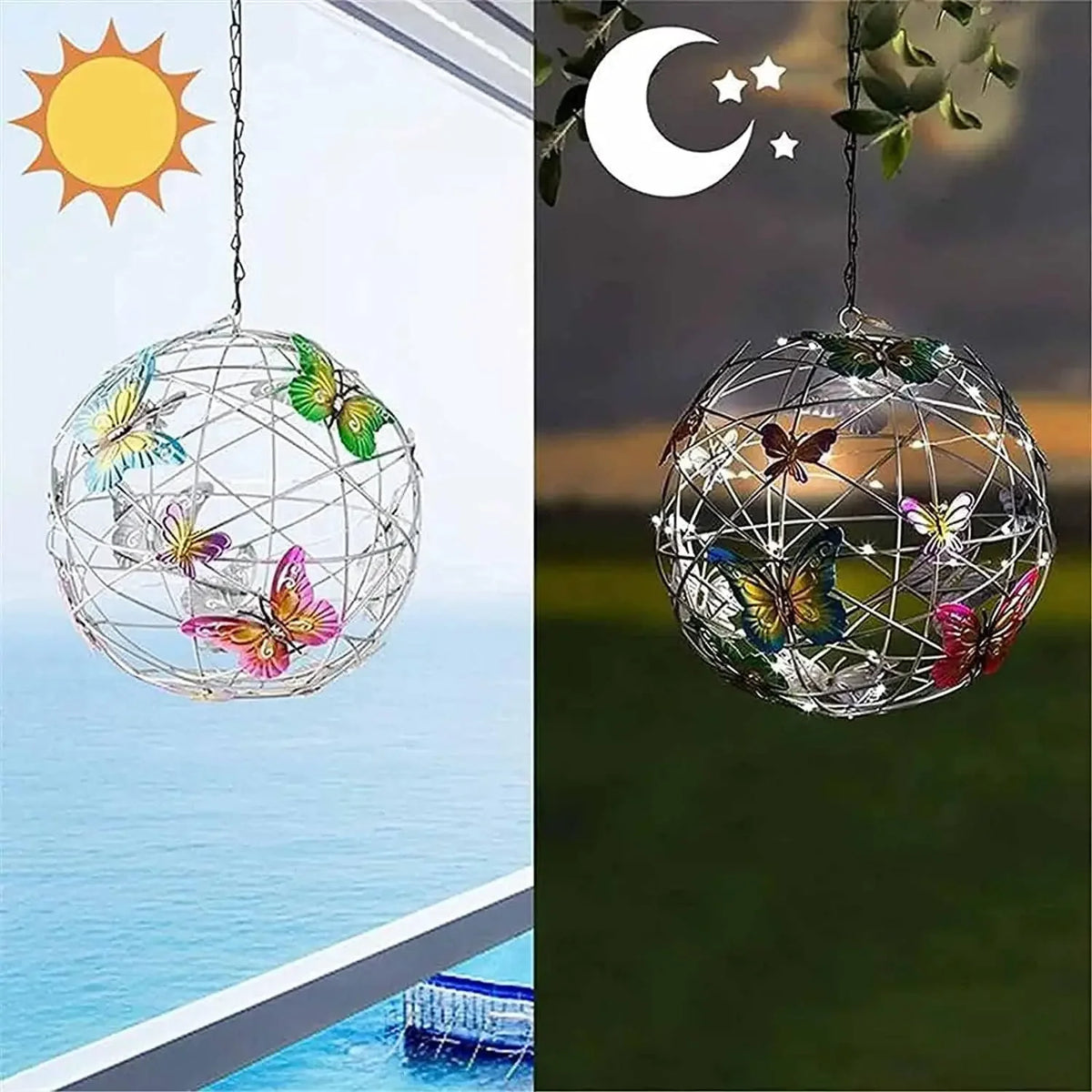 Luz de bola Solar para exteriores con luz de mariposa, lámpara colgante decorativa, LED, impermeable, luz colgante para jardín, decoración de patio, noche