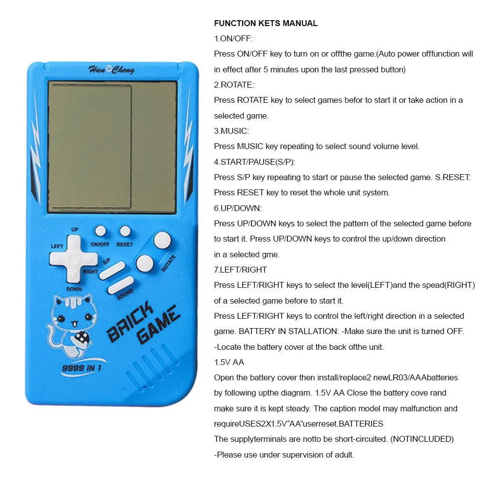 Consola de juegos portátil retro, juguete de rompecabezas electrónico clásico, pantalla grande, color azul, juguetes para niños