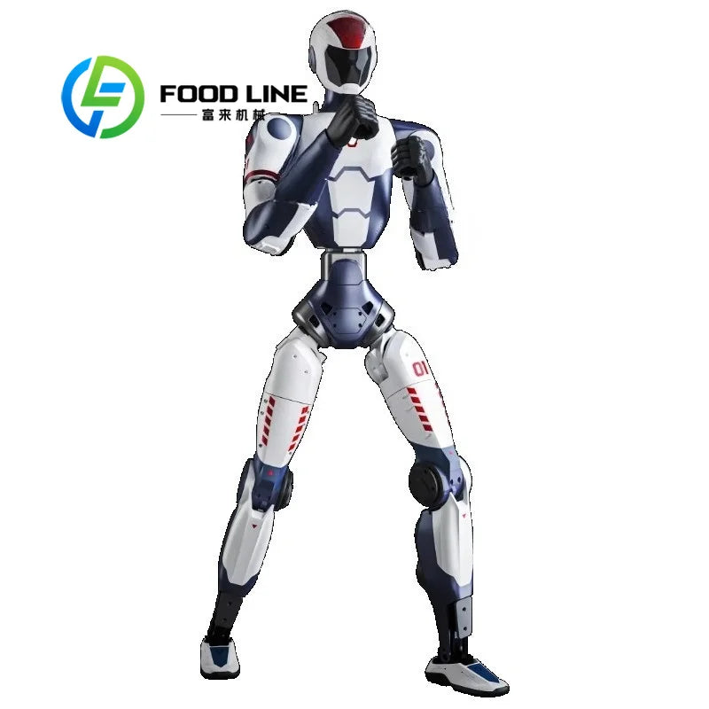 Robot humanoide bípeda con traje blanco y negro, cuerpo articulado y manos abiertas