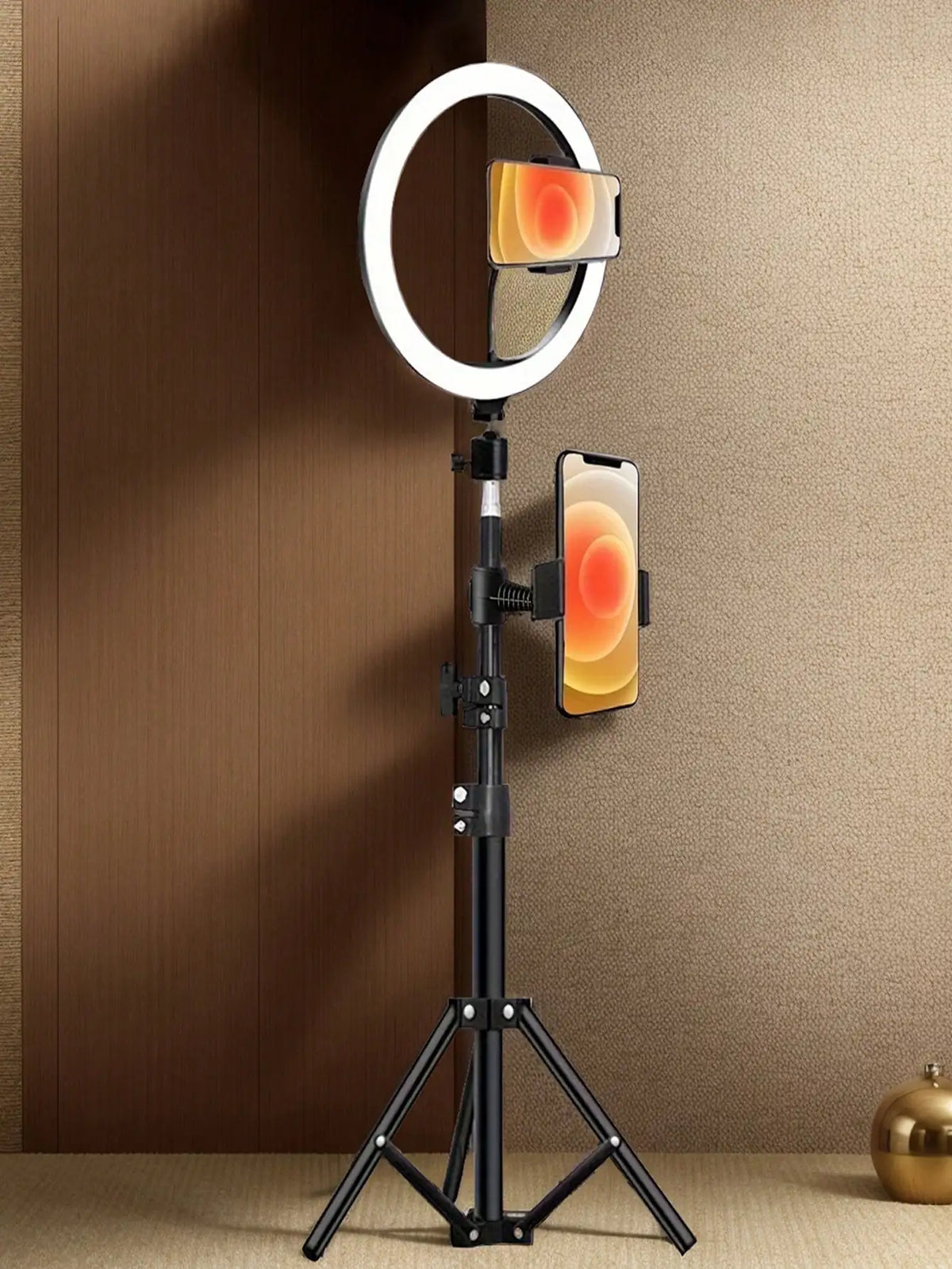 Trípode de 110 cm + clip en forma de O, equipado con anillo de luz de 10 pulgadas para transmisión en vivo y accesorio para selfies en vivo.