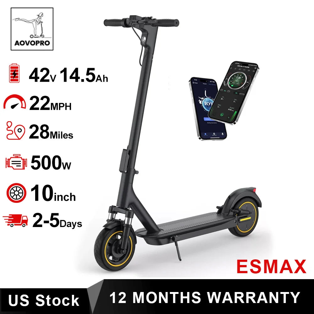 Patinete eléctrico plegable negro con ruedas de 10 pulgadas y manillar con pantalla