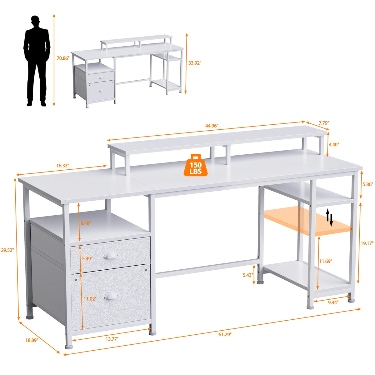 Escritorio blanco con cajones, estante lateral y medidas, con espacio para monitores