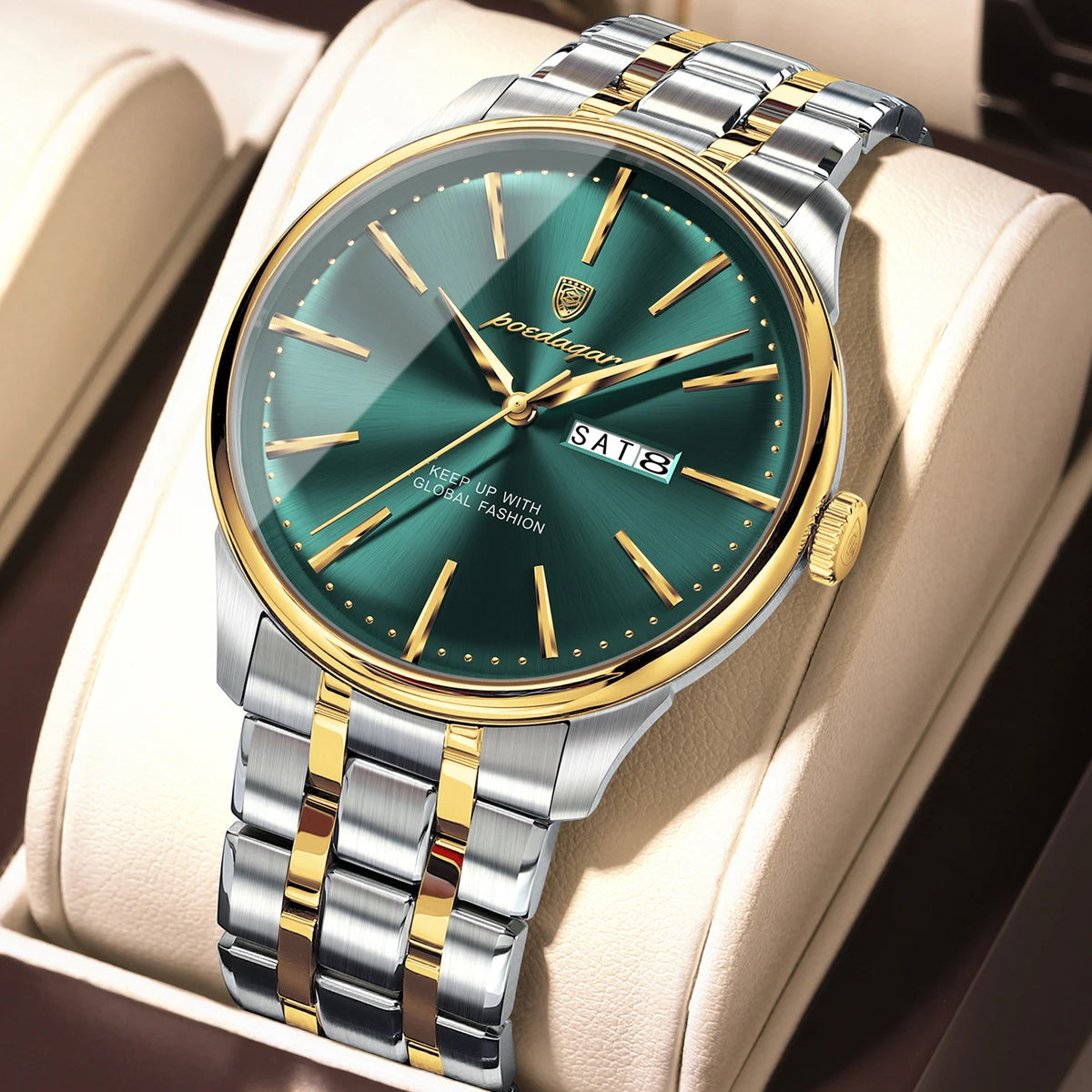 Reloj de cuarzo POEDAGAR para hombre, estilo ejecutivo, resistente al agua, de acero inoxidable, elegante, color dorado, con fecha y día