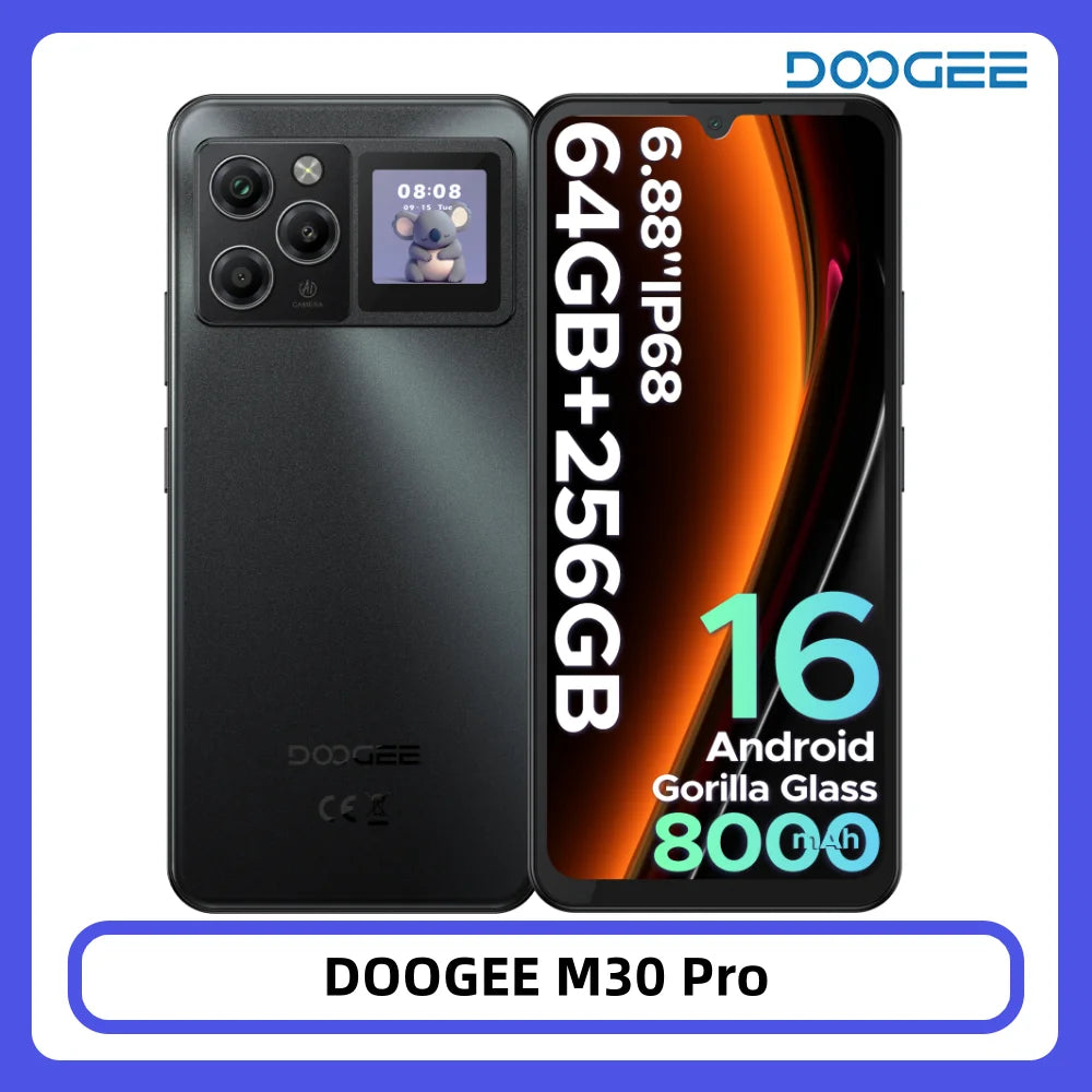 Smartphone DOOGEE M30 Pro Android 16 64GB+256GB IP68 Pantalla trasera 6.88” Pantalla 120Hz Batería 8000mAh Cámara de 64MP Teléfono móvil